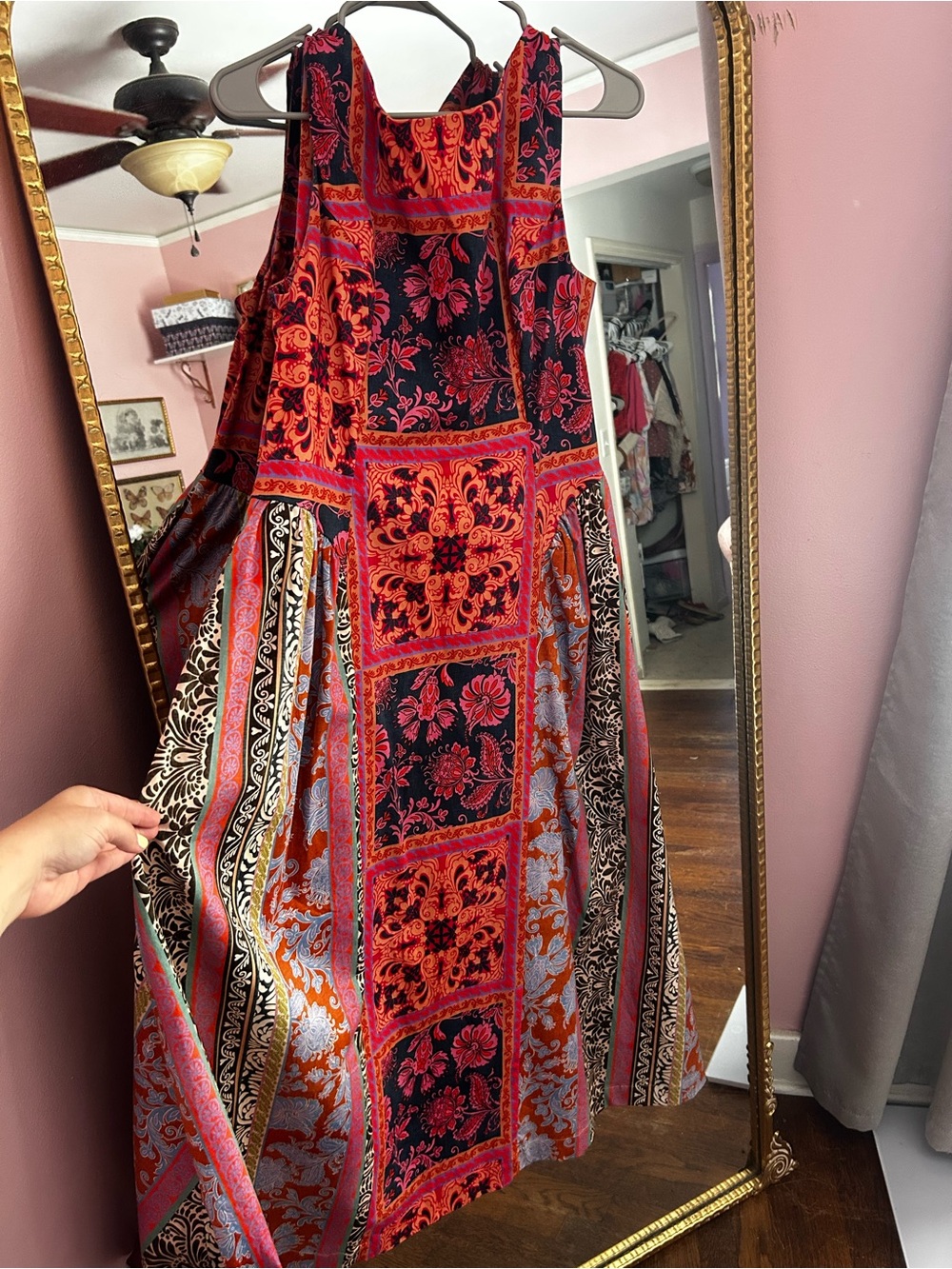 NWOT Avec Les Filles Patchwork Scarf Printed Cotton Midi Dress